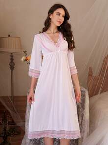 春秋季蕾丝边V领睡裙，七分袖睡衣连衣裙 - 白色 - 查看 4
