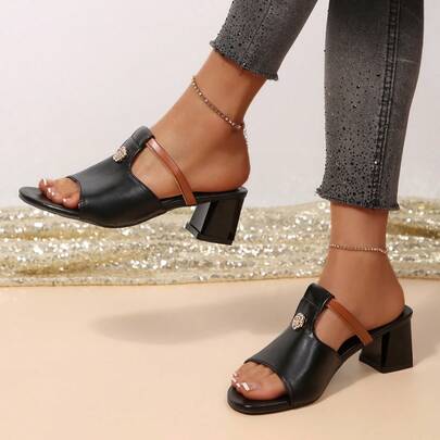 2026 Summer New Vintage Black Color Block Thick Heel Sandals, Crystal Decor, Versatile Comfortable High Heel Sandals