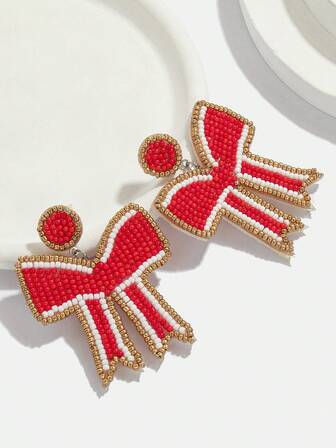 A Pair Y2K Retro Cute Style Handmade Rice Bead Pearl Bow Earrings - Fashionable And Versatile For Valentine's Day, Festival Parties, And Bestie Matching Sets