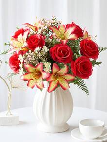 1束情人节仿真花玫瑰百合花束，假玫瑰塑料薰衣草仿真玫瑰花插花人造植物，适用于情人节礼物、家居派对餐桌装饰、中心摆件、婚礼装饰 - 紅色 - 查看 6