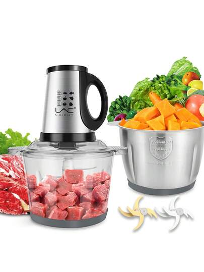 LAC 1pc 3.8L Stainless Steel & Glass Bowl Multi-Functional Food Chopper With Dual Container, US Plug Power,  No Blade Needed For Fast Meat, Stuffing, Garlic Grinding