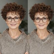 时尚精灵短发刘海人发假发，1B色、4#棕色、99J酒红色，蓬松卷曲波浪发型，层次感水波纹，巴西原生发，无胶假发，完美适用于日常佩戴、派对、圣诞节、节日庆典和韩流造型。 - 彩色 - 查看 10