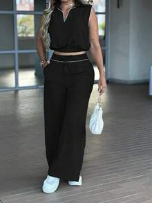 春夏女士简约通勤休闲两件套，无袖高腰翻领上衣，带口袋和仿抽绳两件套 - 黑色 - 查看 2