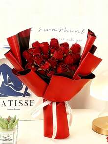 24支仿真丝玫瑰花，逼真玫瑰花束，假玫瑰花茎，适用于情人节、母亲节、家居婚礼派对装饰、桌面摆件、DIY装饰 - 紅色 - 查看 4