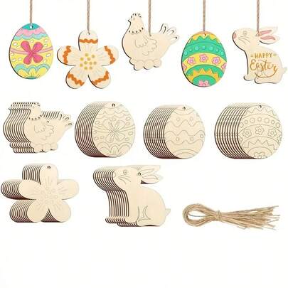 Trứng gỗ chạm khắc chưa hoàn thiện, hình gà, thỏ, hoa ngũ sắc, đồ thủ công tự làm trứng Phục Sinh bằng gỗ để trang trí nhà cửa, đồ trang trí lễ Phục Sinh.