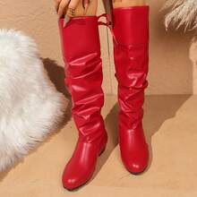 Knee-High Boots With Elegant Laces And Bow Details - Square Toe, Thick Low Heel, Laced, With Artificial Cover And Rubber Sole, Available In White, Black And Red - Đỏ - Xem 3