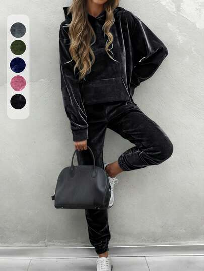 2 Piece Women's Velvet Tracksuit Set, Fall Winter Popular Elegant Commute Solid Color Hooded Sweatshirt Long Sleeve Top And Elastic Pants Outfit