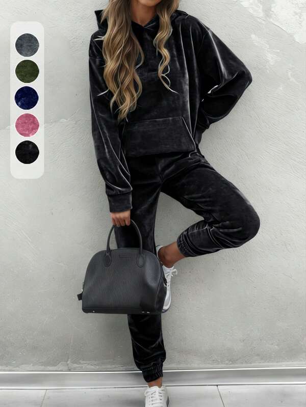 2 Piece Women's Velvet Tracksuit Set, Fall Winter Popular Elegant Commute Solid Color Hooded Sweatshirt Long Sleeve Top And Elastic Pants Outfit