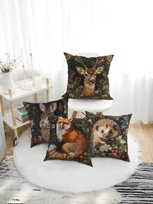 4PCS Vintage Forest Animal Cushion Covers - Deer, Fox, Rabbit, Hedgehog Decorative Pillowcases Essential For Living Rooms, Practical, Reusable, Comfortable Artwork, Soft To The Touch, Zipper Closure Design. Suitable For Sofa, Bed, Or Chair Decorative Pillowcases (45x45cm). Living Room Home Decor. Pillow Inserts Not Included. - Multicolor - View 2