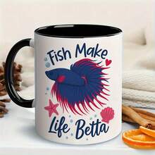 1pc 11oz Fish Make Life Betta Ceramic Mug - Blue & Red Betta Fish (Betta Fish) Design Coffee Tea Cup With Black & Lid-Like Glossy Edges, Microwave & Dishwasher, Aquarium-Themed Fish Lovers, Pet Owners, Birthdays - trắng - Xem 3