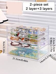 一套两件透明桌面抽屉式塑料多功能串珠收纳盒，非常适合DIY串珠、米珠的收纳，也可作为桌面多功能收纳盒，用于存放戒指、耳环、项链、手链和其他珠宝首饰，还适用于五金配件、工艺美术用品和家居珠宝收纳。