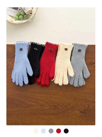女士纯色针织手套一双，秋冬季，触屏友好，罗纹袖口，五指保暖骑行手套，简约缝边针织保暖触屏手套，男女通用，新款
