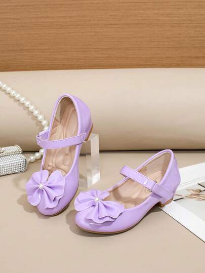 1 Pair Girls' New Fashion Purple Low Heel Princess Shoes, Dance Shoes, Princess Shoes, Bow Decor On Toe, Comfortable Insole Design, Suitable For All Seasons And Parties