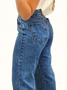 Sweet & Cool Pearl Embellished Washed Straight Leg Jeans - Women's Mid Rise Non-Stretch Denim - 深色水洗藍 - 查看 3