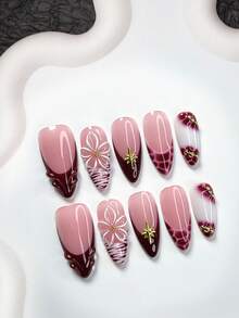 10pcs French Press-On Nail Stickers, Handmade Pinched Flower Decor, Water Drop Nail Stickers, Star Nail Accessories, White Gel Nail Polish, Purple-Red Nail Polish, Mature & Steady, Includes Tool Kit, 3 Sizes Available: Almond, Duck Mouth, Coffin Shape, Suitable For Women & Girls, Autumn/Winter, Party Nail Supplies Nails - 彩色 - 查看 11