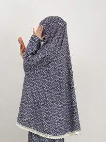 2pcs Set: Khimar + Abaya Floral Print Muslim Prayer Outfit, Pullover Long Robe Abaya Paired With Matching Printed Hijab Headscarf, Casual Outdoor Essential Fashion Item, Women's Abaya Robe, Muslim Hijab Dress