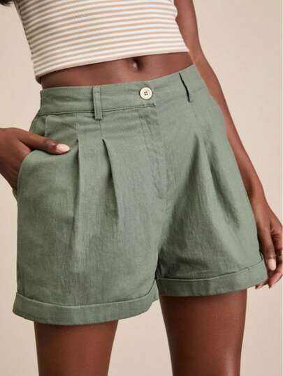 Women's Fashionable Casual Elegant Solid Color Button Shorts Summer