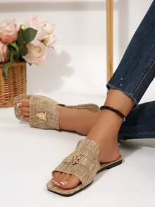 卡其色方头平底拖鞋，金属豹纹搭扣装饰，亚麻绑带，时尚沙滩凉鞋，优雅休闲百搭女士平底拖鞋，夏季新品 - 卡其色 - 查看 3