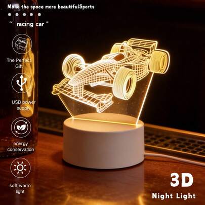 1个3D LED现代创意炫酷赛车夜灯 - USB供电，暖光台灯，适合卧室氛围和阅读，家居和办公室装饰，生日、圣诞节、感恩节、父亲节的理想独特礼物