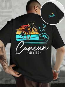 Camiseta con motivo de palmera al atardecer, de Cancún, México, para primavera. Cuello redondo, corte holgado, informal y cómodo, estampado gráfico único por ambos lados. - Negro - Ver 1