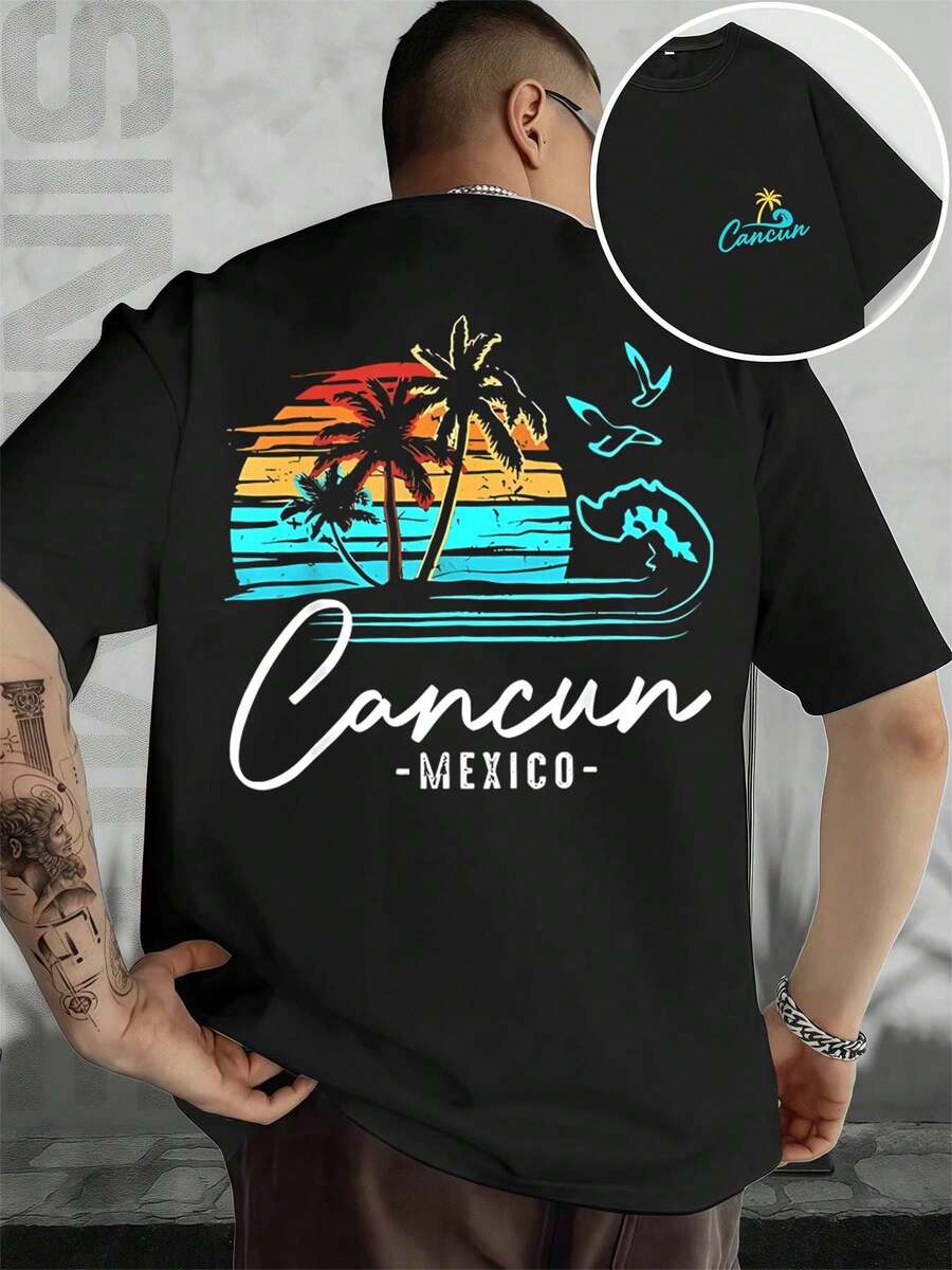 Camiseta con motivo de palmera al atardecer, de Cancún, México, para primavera. Cuello redondo, corte holgado, informal y cómodo, estampado gráfico único por ambos lados. - Negro - Ver 1