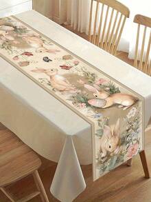 1pc Vintage Easter Table Runner, Featuring Rabbit, Eggs And Floral Patterns, 35*180cm Polyester Farmhouse Style Easter Table Runner, 2026 Easter Home Decor, Kitchen Dining Table Decoration, Spring Holiday Decor - Multicolor - View 7