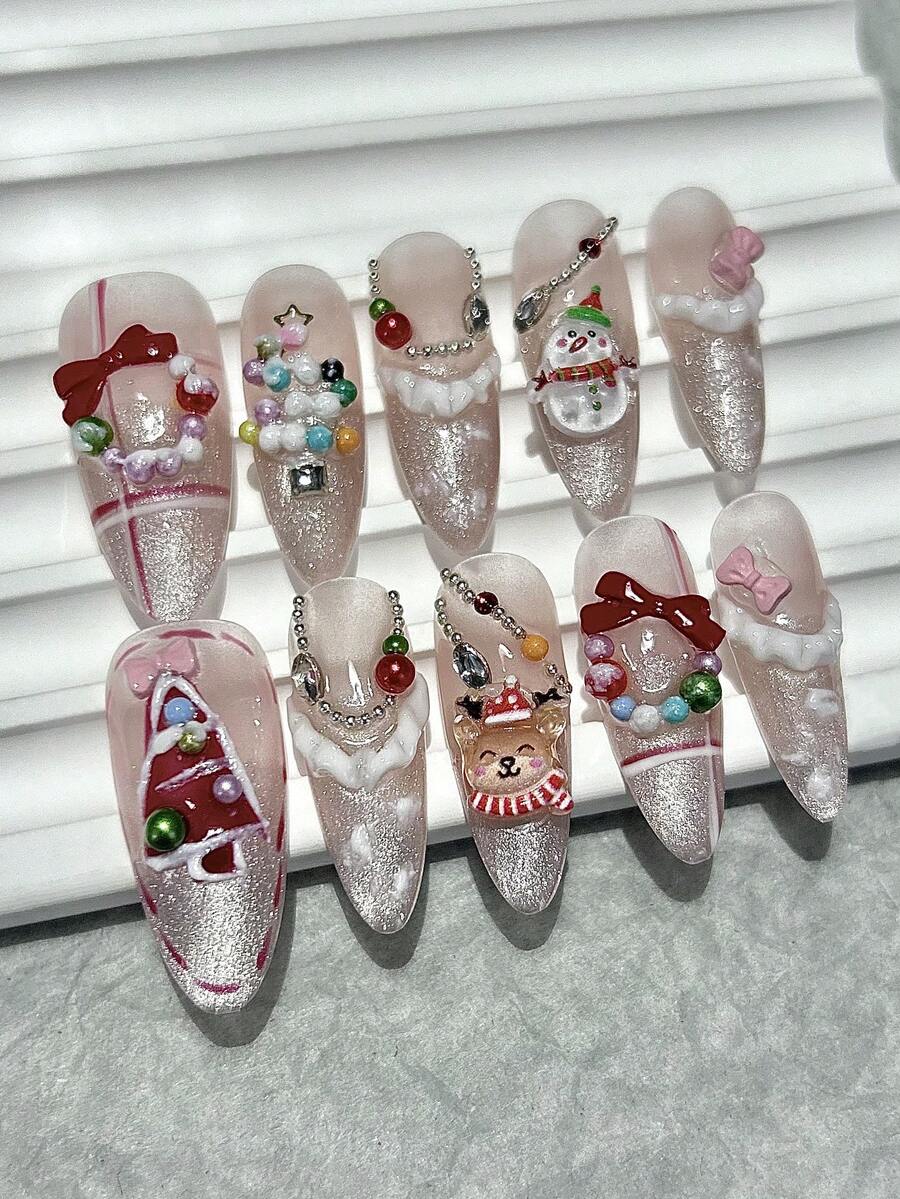 10片圣诞可爱猫眼手工按压式美甲片 新年雪人麋鹿假指甲 蝴蝶结波点裙甜美法式美甲美甲用品（1张果冻贴纸+1个指甲锉） - 彩色 - 查看 1