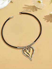 1pc Fashionable Geometric Glossy Oversized Heart Pendant Necklace With Bicolor Rope, Versatile For Women - Multicolor - View 2