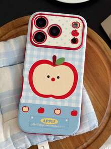 苹果图案单件装简约可爱蓝色格子苹果设计手机壳，兼容 16 Pro Max、15、14、13 Pro，全包防摔保护套 - 彩色 - 查看 2