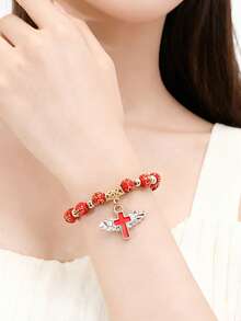 1pc Creative Fashion Acrylic Bead Wing Cross Bracelet, Oil Drop Angel Cross Beaded Elastic Bracelet - Cross - View 4