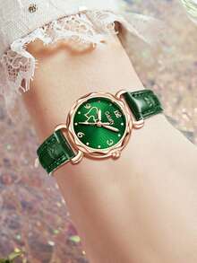 9pcs Women's Green PU Leather Strap, Fashionable & Elegant, Heart-Shaped Small Dial Quartz Watch Bracelet Necklace Earrings Ring Jewelry Set, Suitable For Daily Wear, Party Decoration Or Holiday Gift - Green - View 5