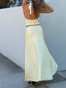 Women's Polka Dot 2-Piece Set Deep V Neck Halter Ruched Crop Top High-Low Skirt Summer Y2k Outfits Sets - 黃色 - 查看 3