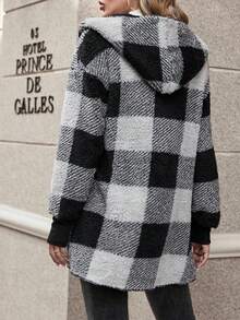 Plaid Color Block Cardigan Moda Suéter Mujeres Cárdigan oversize de estilo europeo y americano con estampado de cuadros en bloques de color y ribete de piel Prenda de punto de moda para mujer Cárdigan de lana con capucha, solapas grandes y estampado de cuadros en bloques de color Estilo informal y holgado Silueta cálida y favorecedora - Gris Oscuro - Ver 2