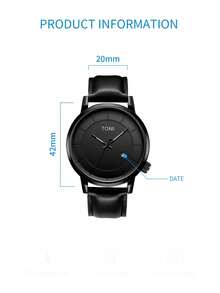 TOMI 1pc Teen Boys & Girls Minimalist Design Quartz Watch With Leather Strap, Calendar Display, Versatile Watch Suitable For Daily Life, Gift For Christmas And Year-End - Black - View 5