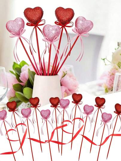 6支心形闪光花签：红色和粉色情人节装饰棒，适用于情人节、生日花束、家居花瓶、婚礼装饰和插花——闪亮的心形设计搭配丝带点缀，是浪漫花卉装饰和礼品花束的完美之选。