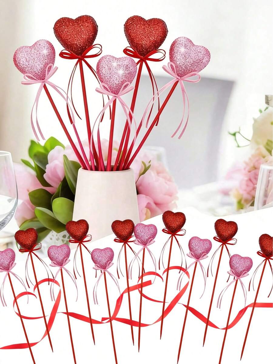6 piezas de Palitos con flores con forma de corazón y brillo: Decoración de Día de San Valentín en rojo y rosa, adecuados para ramos de San Valentín, cumpleaños, jarrones del hogar, decoraciones de boda y arreglos florales - Diseño de corazón brillante con acentos de cinta, perfecto para decoración floral romántica y ramos de regalo - Multicolor - Ver 1