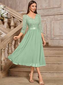 MIUSOL Đầm maxi tay lửng 3/4 bằng chiffon, cổ chữ V, đính sequin và ren hoa thanh lịch, thích hợp cho khách dự đám cưới, lễ tốt nghiệp, tiệc tối mùa xuân. - Màu xanh Bạc hà - Xem 6