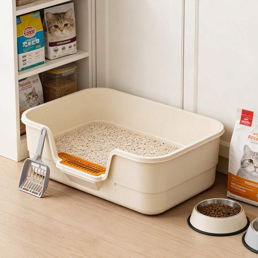 1个多尺寸开放式猫砂盆，大空间浴缸式猫砂盆，半封闭侧开设计，内部空间宽敞，加高加厚设计防止溢出，采用耐用优质材料制成，简约风格，多种颜色可选，适合幼猫、成猫和多猫家庭。 - 中-49*38*13cm - 查看 1