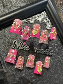 10件套短鸭嘴美甲亚克力套装，玫瑰红和粉色美甲，玫瑰红法式，粉色扎染设计，波西米亚公主风装饰音乐节北欧全覆盖贴片美甲套装，3D立体珍珠、心形、星星、彩色钻石及其他美甲配件装饰 - 玫紅色 - 查看 2