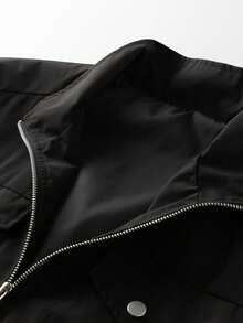 Men's Stand Collar Jacket With Double Zipper Pockets And Metal Button Flap Design, Casual Outdoor Jacket With Full Zip Closure And Ribbed Cuffs - Black - View 4