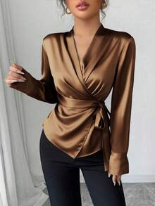 Áo sơ mi satin nữ, kiểu dáng công sở ôm sát, cổ chữ V, thanh lịch cho văn phòng và mặc nhà, thích hợp cho mùa thu đông xuân. - Cà phê nâu - Xem 3