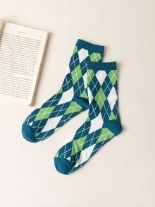 5 Pairs Men's Retro Diamond Geometric Pattern Sports Crew Socks