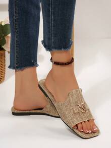 卡其色方头平底拖鞋，金属豹纹搭扣装饰，亚麻绑带，时尚沙滩凉鞋，优雅休闲百搭女士平底拖鞋，夏季新品 - 卡其色 - 查看 5