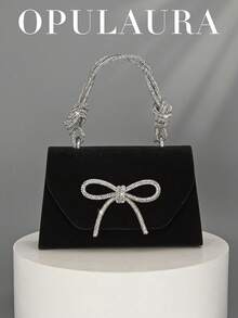 Torebka wieczorowa OpulAura z czarnego aksamitu w europejskim i amerykańskim stylu, z błyszczącą, elegancką kokardą i zdobieniem ze strasów, luksusowa formalna torebka do ręki, torebka na ramię z łańcuszkiem, odpowiednia na galę, przyjęcie, urodziny, ślub, dodatek ślubny - Czarne - Zobacz 10