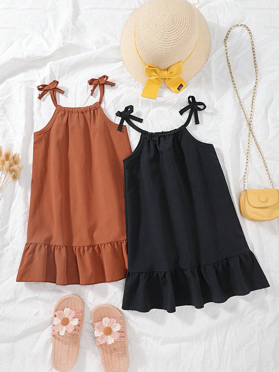 2pcs/Set Cute Girls Summer Dress, Sleeveless With Ruffle Hem, Casual & Versatile Princess Style For Girls - Mocha Brown - View 1
