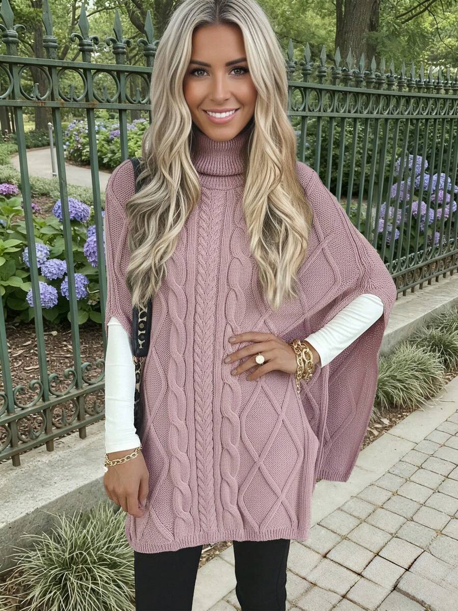 Suéter poncho de cuello alto de un solo color versátil y de moda para mujer (sin incluir la capa interior) - Rosa coral - Ver 1