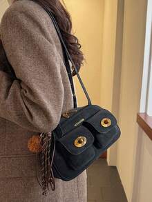 女士复古纯色PU皮革单肩包，多口袋大容量，配有可拆卸吊坠 - 黑色 - 查看 4