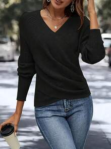 Women's Black Y2K Wrap-Front V-Neck Knit Sweater - Long Sleeve Textured Soft Girl Aesthetic Top, Stretchy Cozy Knitwear For Daily Streetwear & Casual Outfits, Asymmetrical Wrap Design, Ribbed Texture For Chic Vibe, Versatile Match With High-Waisted Jeans & Skirts, Ideal For Leisure Hangouts & Urban Street Style, Comfortable Breathable Fabric, Retro Y2K-Inspired Apparel - 黑色 - 查看 1