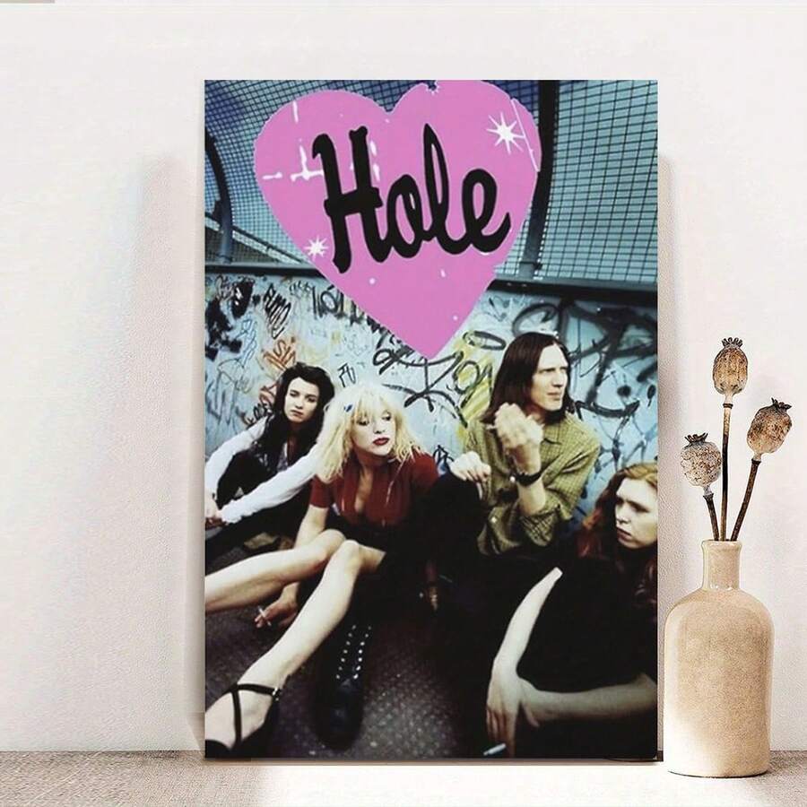 Framed Hole 2 Vintage Music Canvas Poster - Pink Heart Design With Band Members, Ideal For Bedroom & Living Room Wall Decor, Perfect Gift For Music Lovers, Music Room Decor, 2D, Perfect For Room Decor - 彩色 - 查看 1