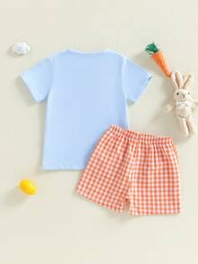 2Pcs Toddler Baby Boy Summer Clothes Infant Easter Outfits Embroidery Bunny Short Sleeve T Shirts And Gingham Shorts Sets - Blue - View 4